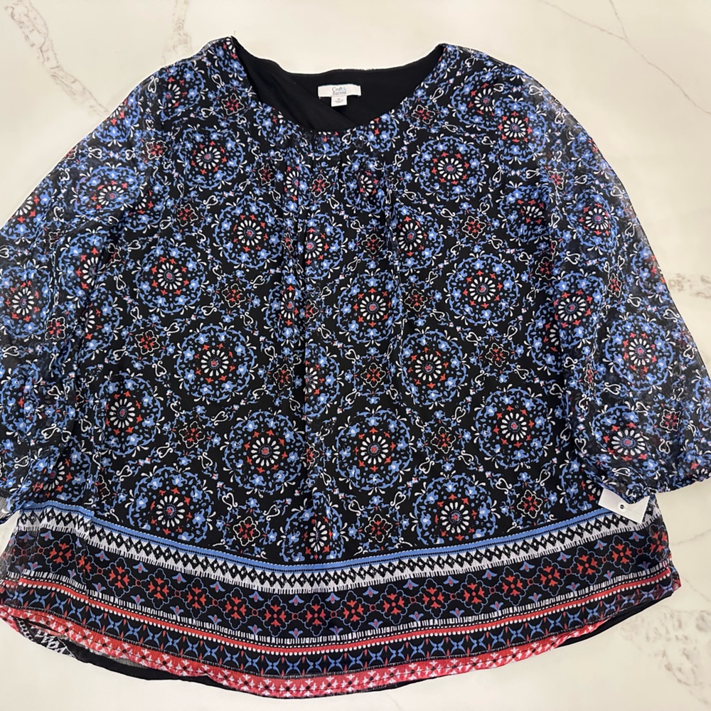 croft & barrow Black Blouse with Blue and Red Floral Medallion Print